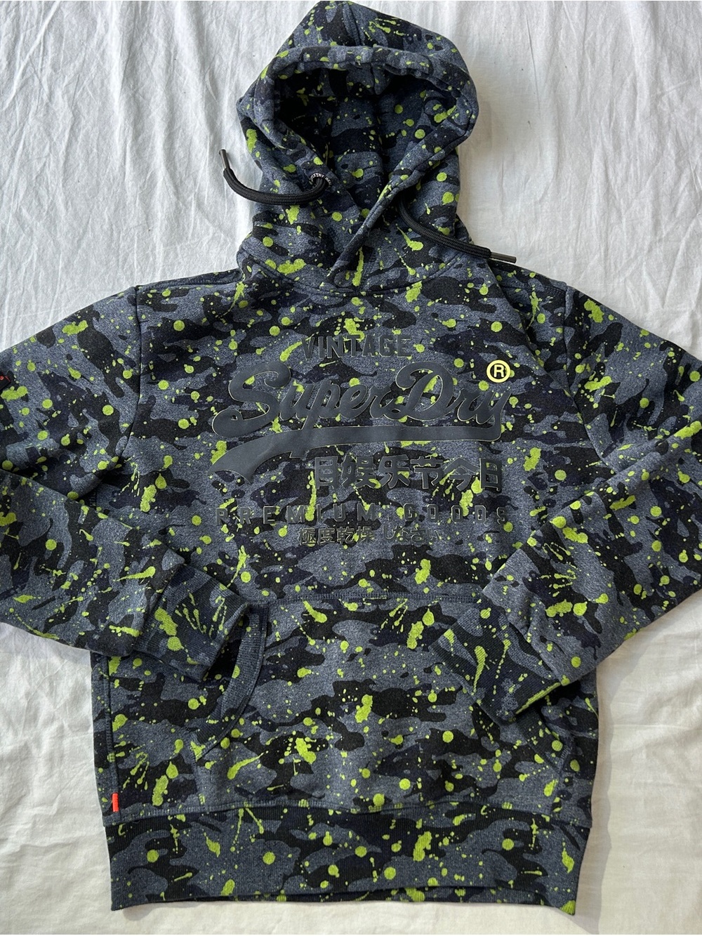 Superdry Men's Black Hoodie with Lime Paint-Splatter